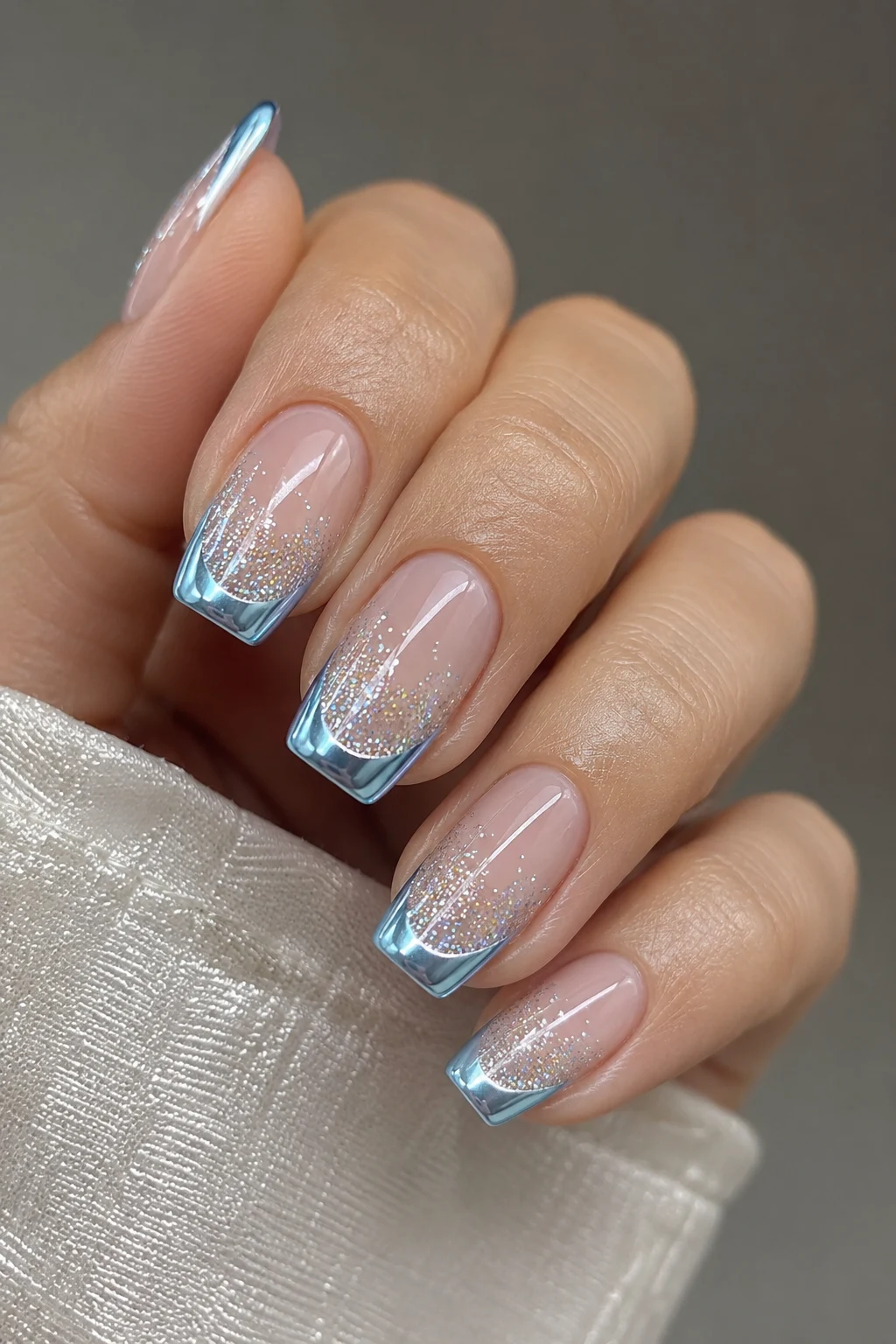 Baby Blue Chrome French Manicure With Glitter — Baby Blue Chrome French Tip Nails style outfit