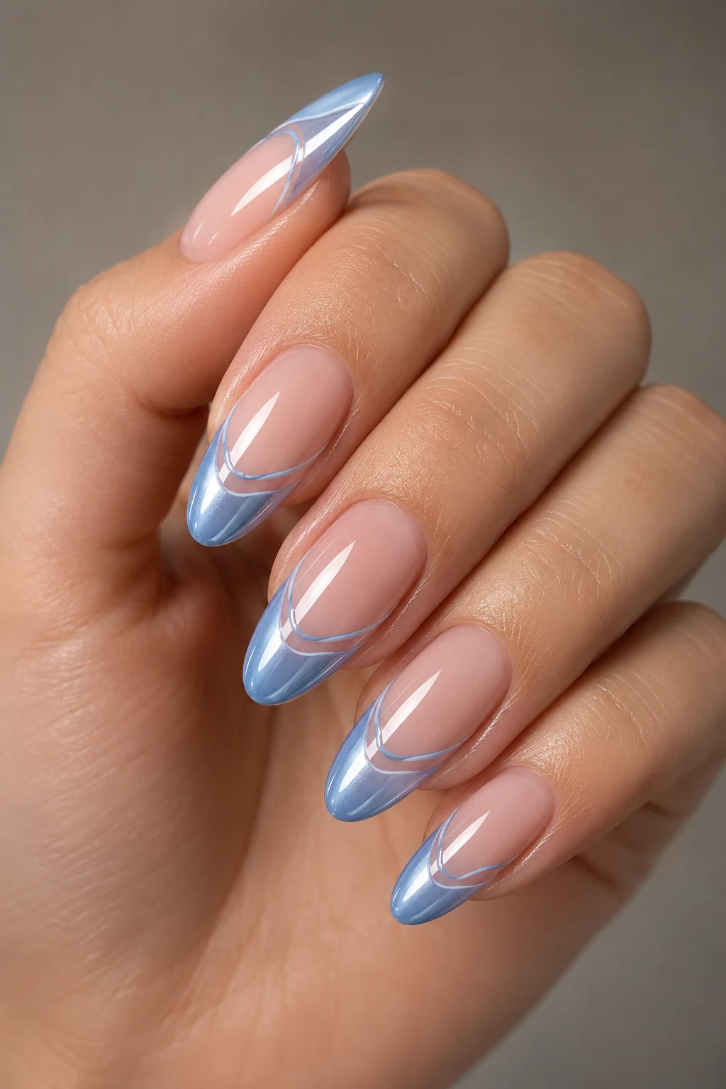 Blue Chrome French Tip Nails With Micro Lines — Baby Blue Chrome French Tip Nails style outfit