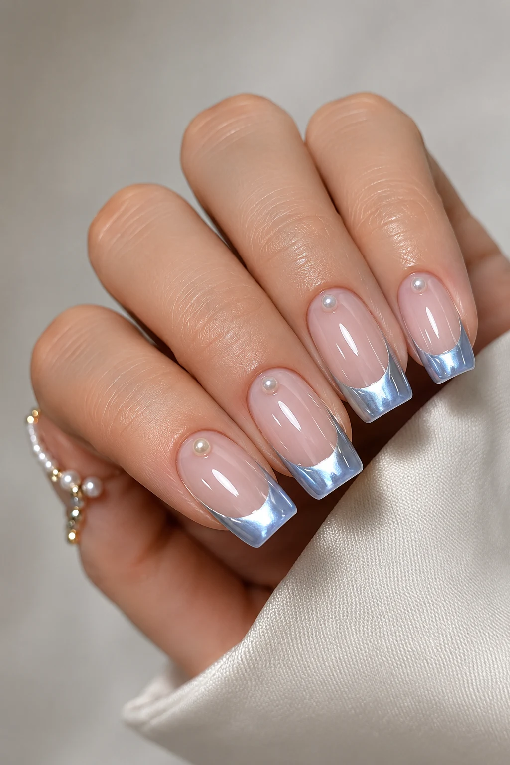 Light Blue Chrome French Tip Nails With Pearl — Baby Blue Chrome French Tip Nails style outfit