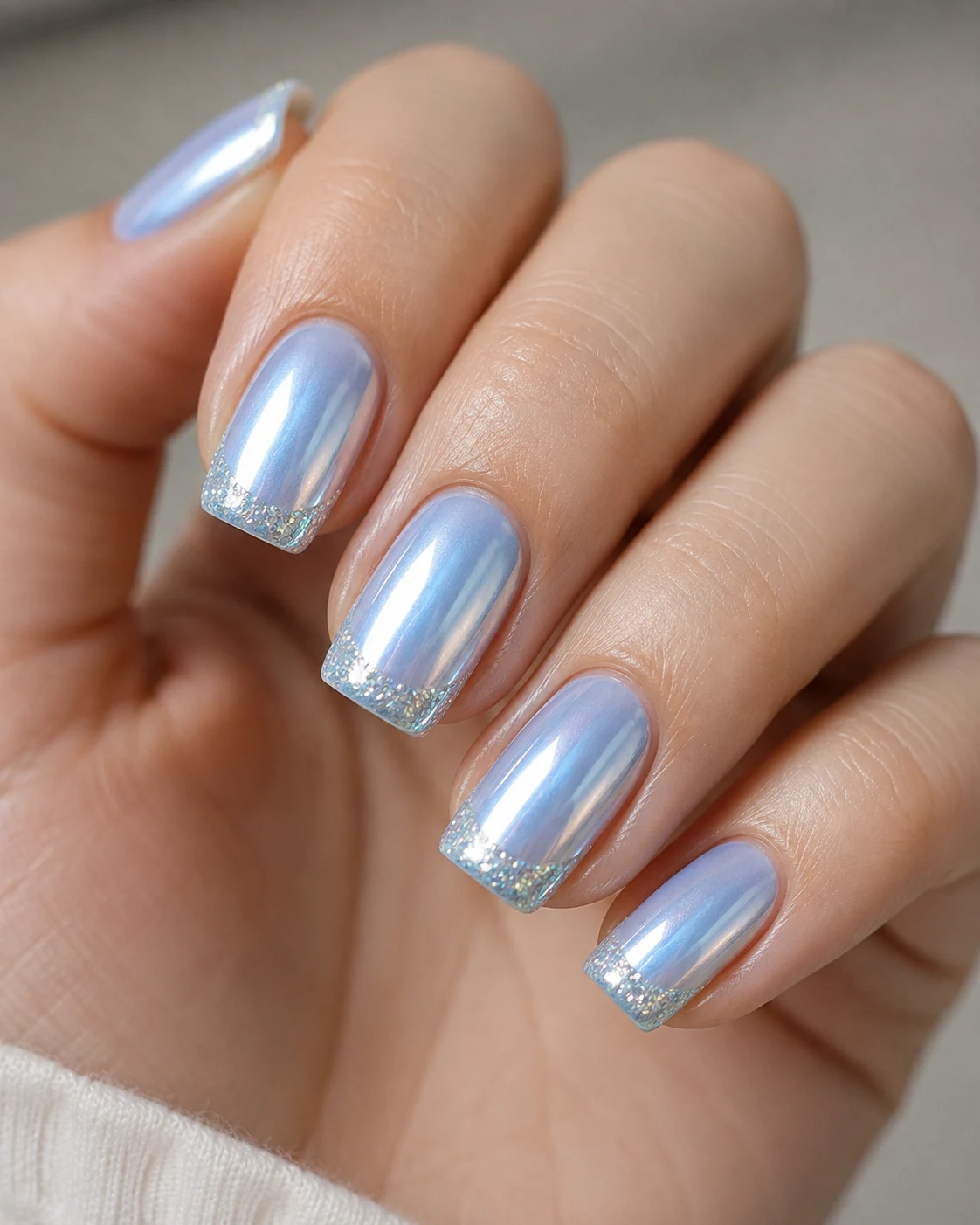 Baby Blue Chrome French Tips With Glitter — Baby Blue Chrome French Tip Nails style outfit