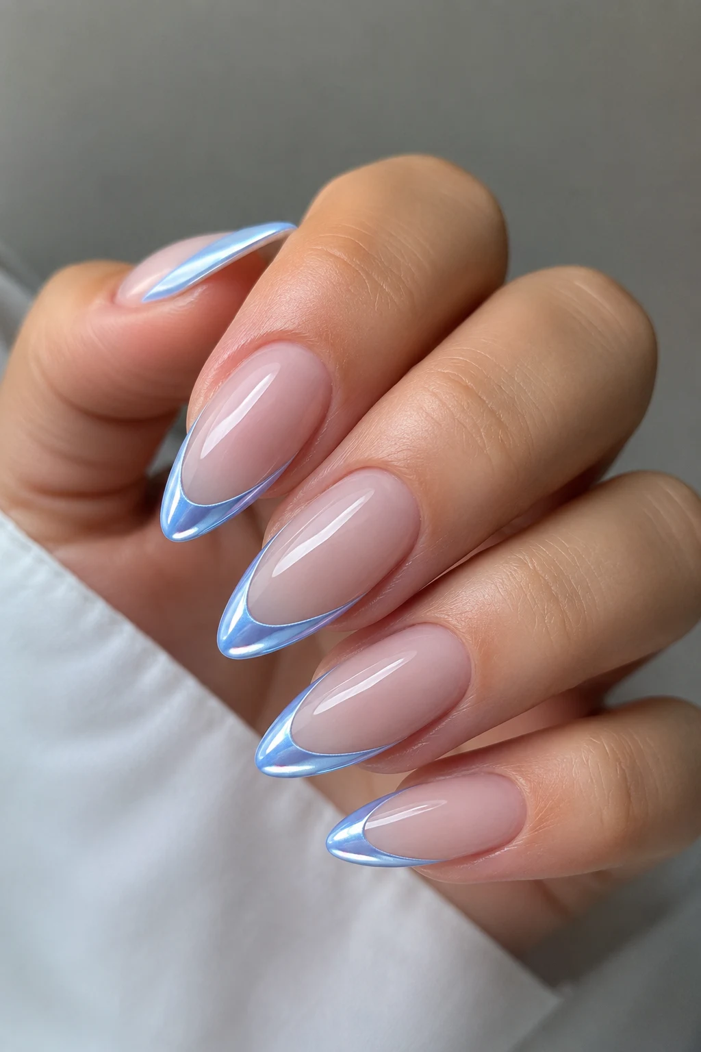 Chrome French Tips on Almond Nails — Baby Blue Chrome French Tip Nails style outfit
