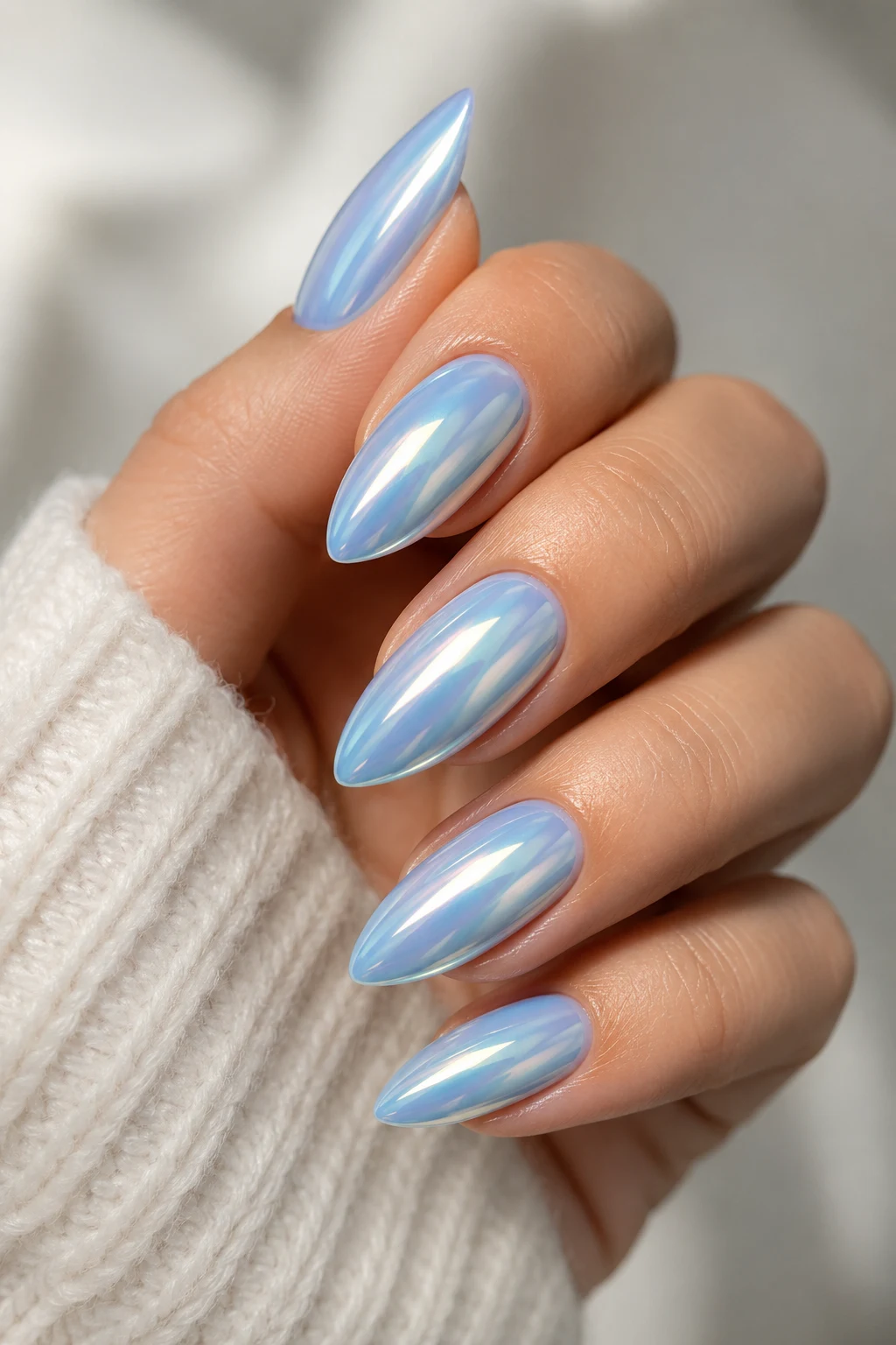 Classic Mirror Baby Blue Chrome Nails Almond — baby blue chrome nails almond style outfit