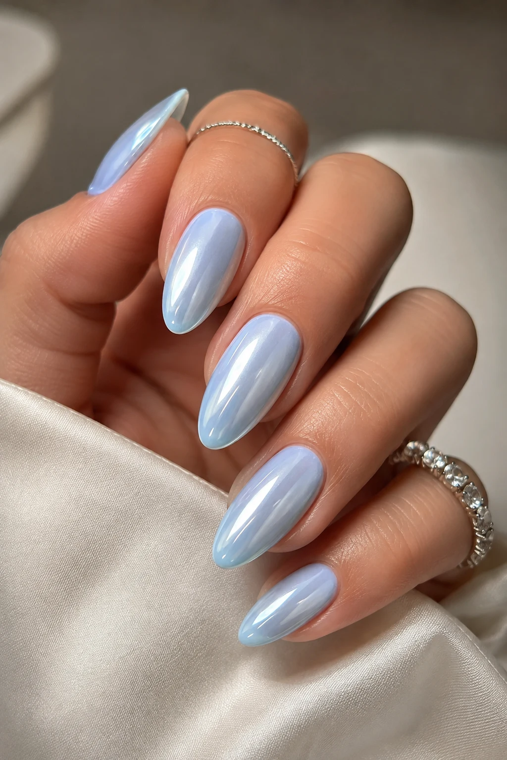 Milky Baby Blue Chrome Nails Almond for Soft Elegance — baby blue chrome nails almond style outfit