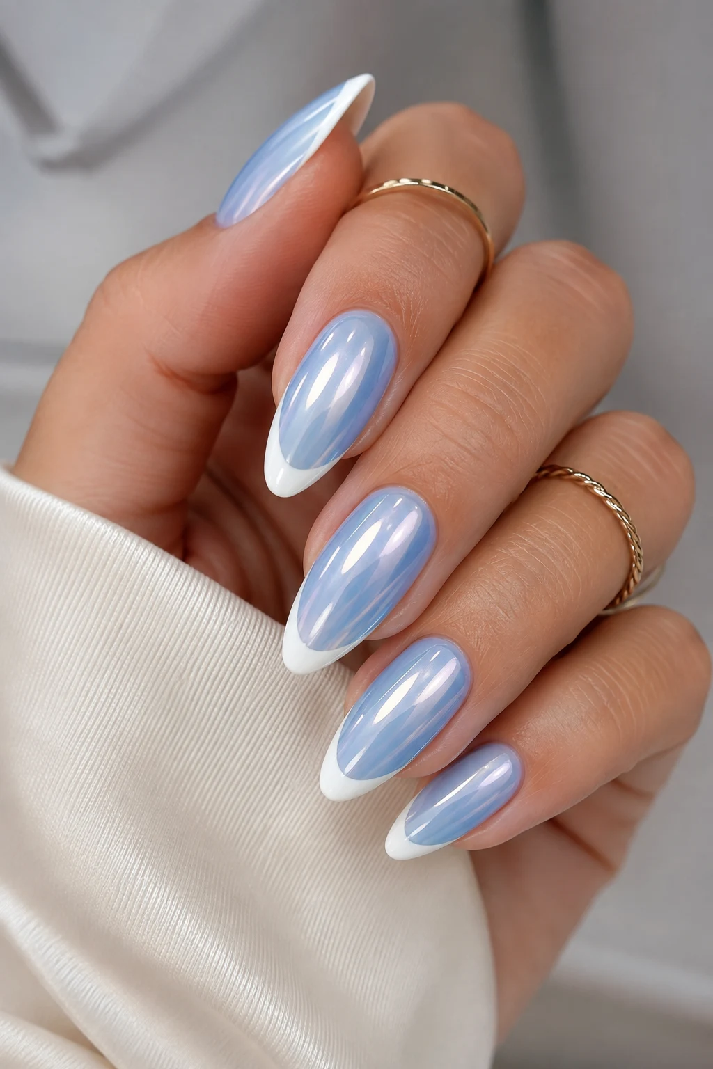 Light Blue Chrome Nails Almond with White French Tips — baby blue chrome nails almond style outfit