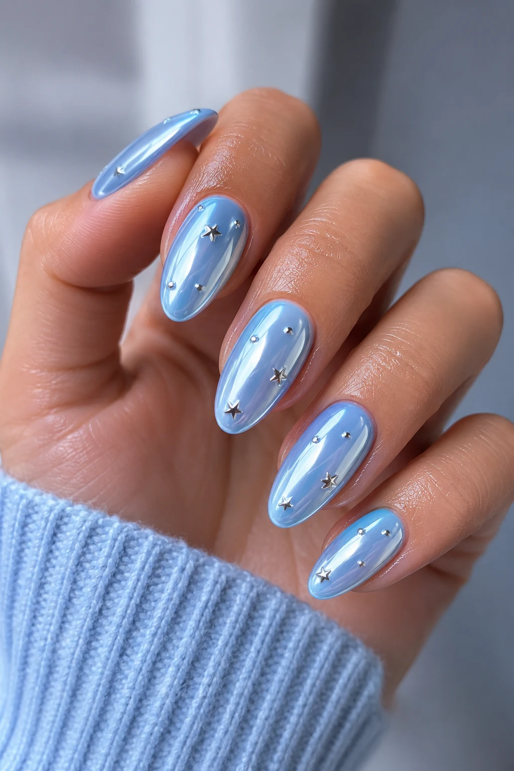 Baby Blue Chrome Nails Almond with Tiny Silver Stars — baby blue chrome nails almond style outfit