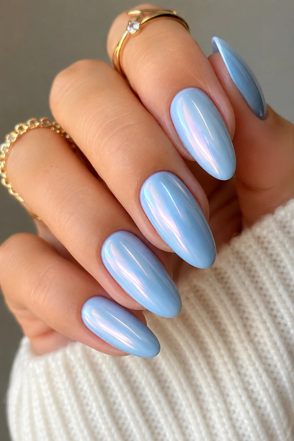 Baby Blue Almond Nails with Glazed Chrome Finish — baby blue chrome nails almond style outfit