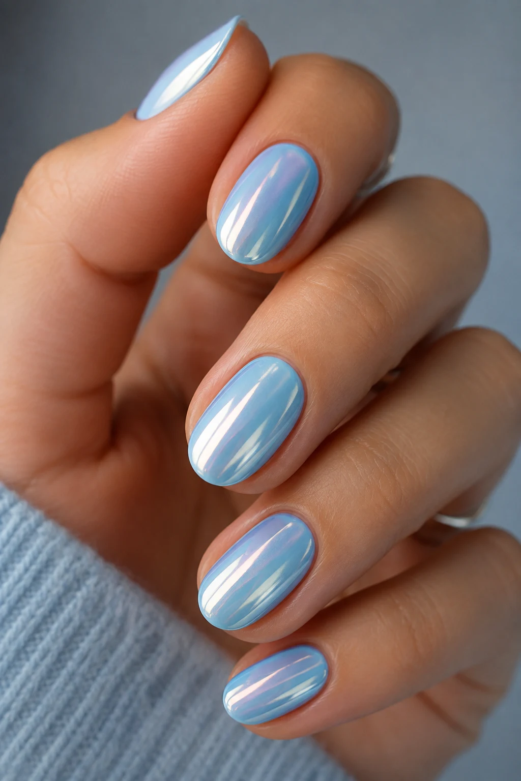Light Blue Chrome Short Almond Nails for Everyday Wear — baby blue chrome nails almond style outfit