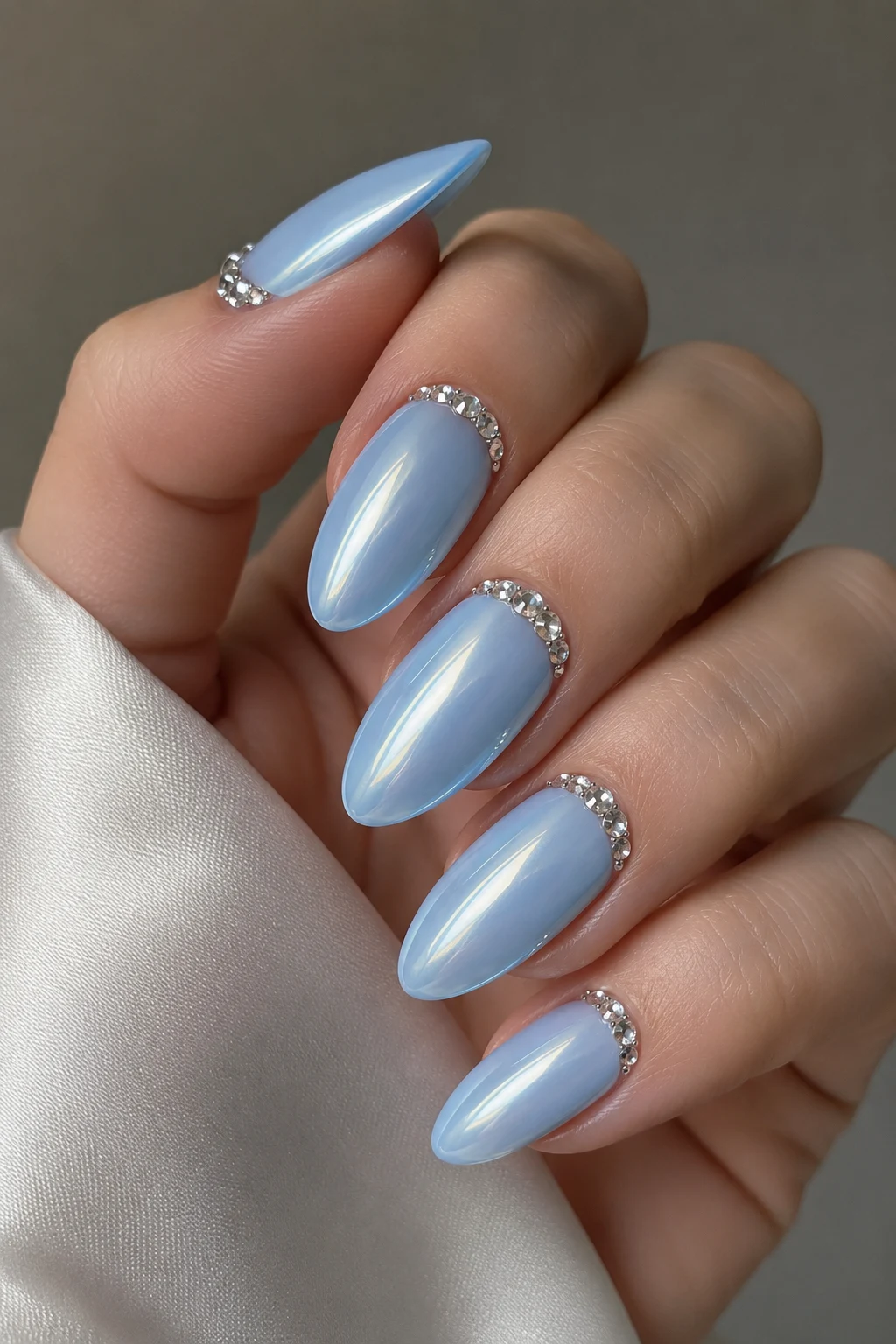 Baby Blue Chrome Nails Almond with Crystal Cuticles — baby blue chrome nails almond style outfit