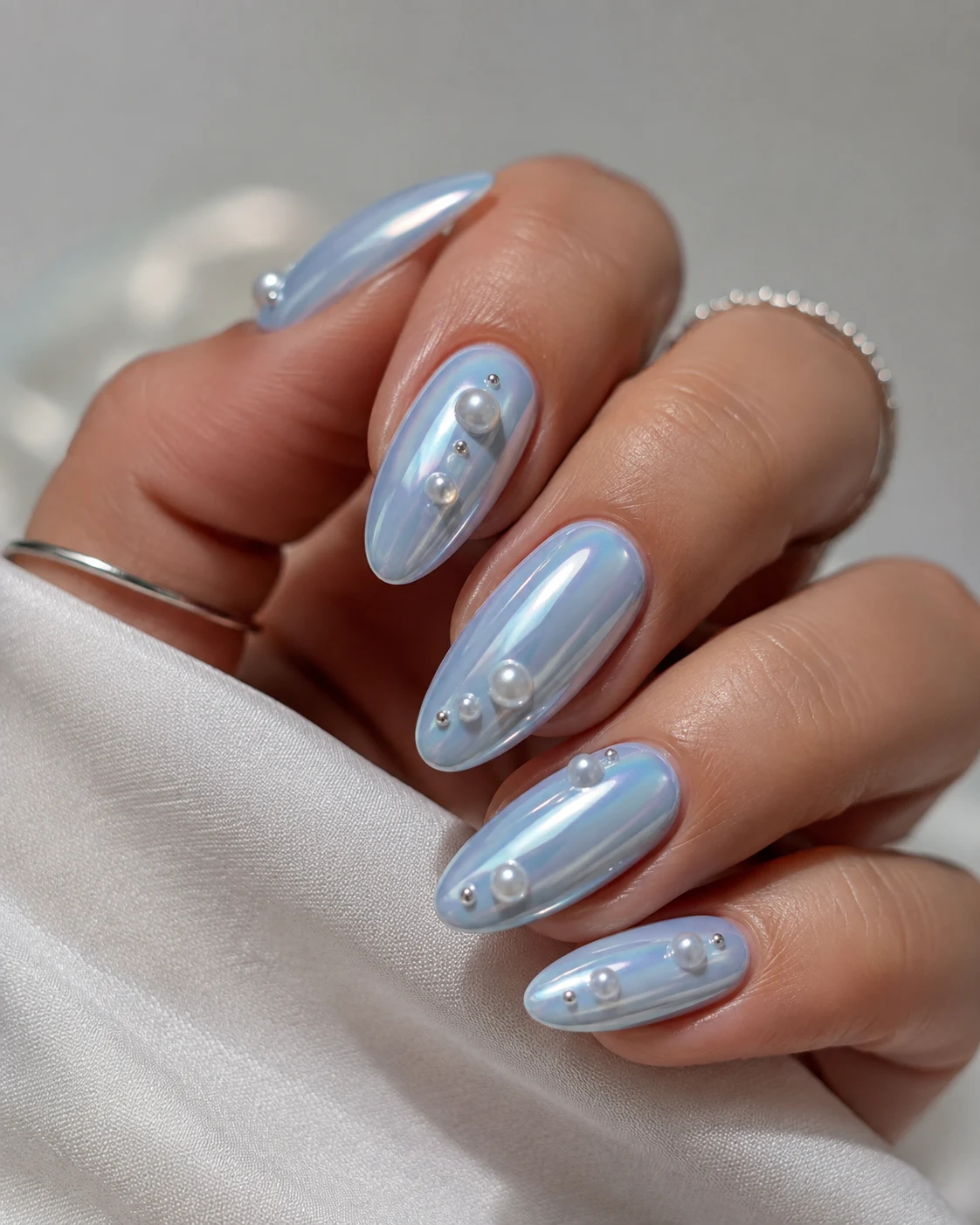 Baby Blue Chrome Nails Almond with Pearl Accents — baby blue chrome nails almond style outfit