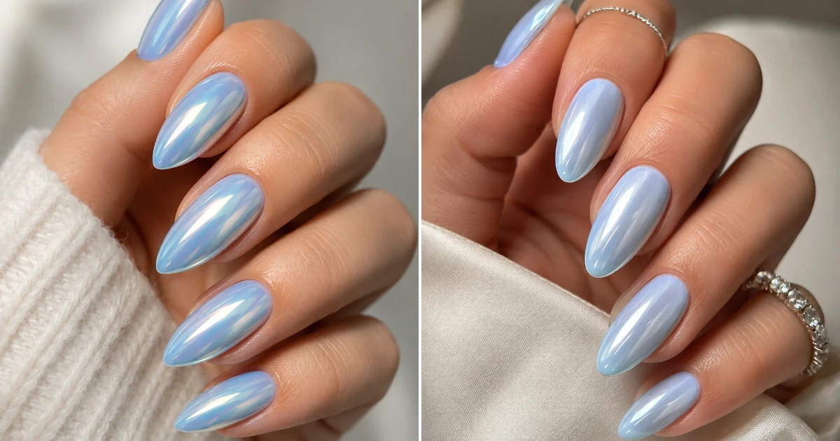 baby blue chrome nails almond are a glossy baby blue chrome nails almond