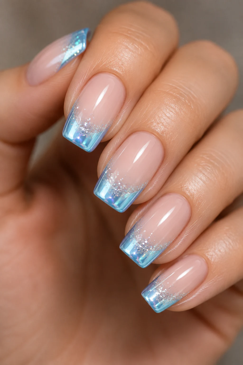 Light Blue Chrome Nails French Tip with Glitter — baby blue chrome nails french tip style outfit
