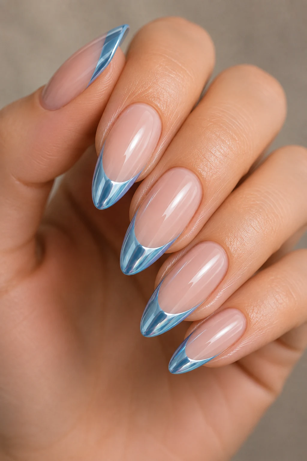 Almond Baby Blue Chrome Nails French Tip — baby blue chrome nails french tip style outfit