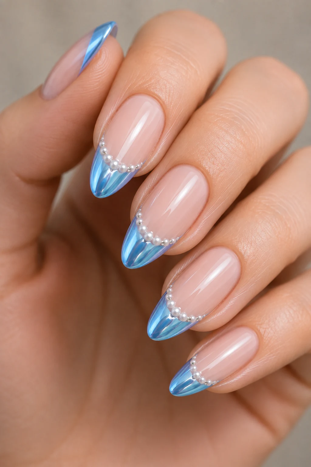 Blue Chrome French Tip Nails with Tiny Pearls — baby blue chrome nails french tip style outfit