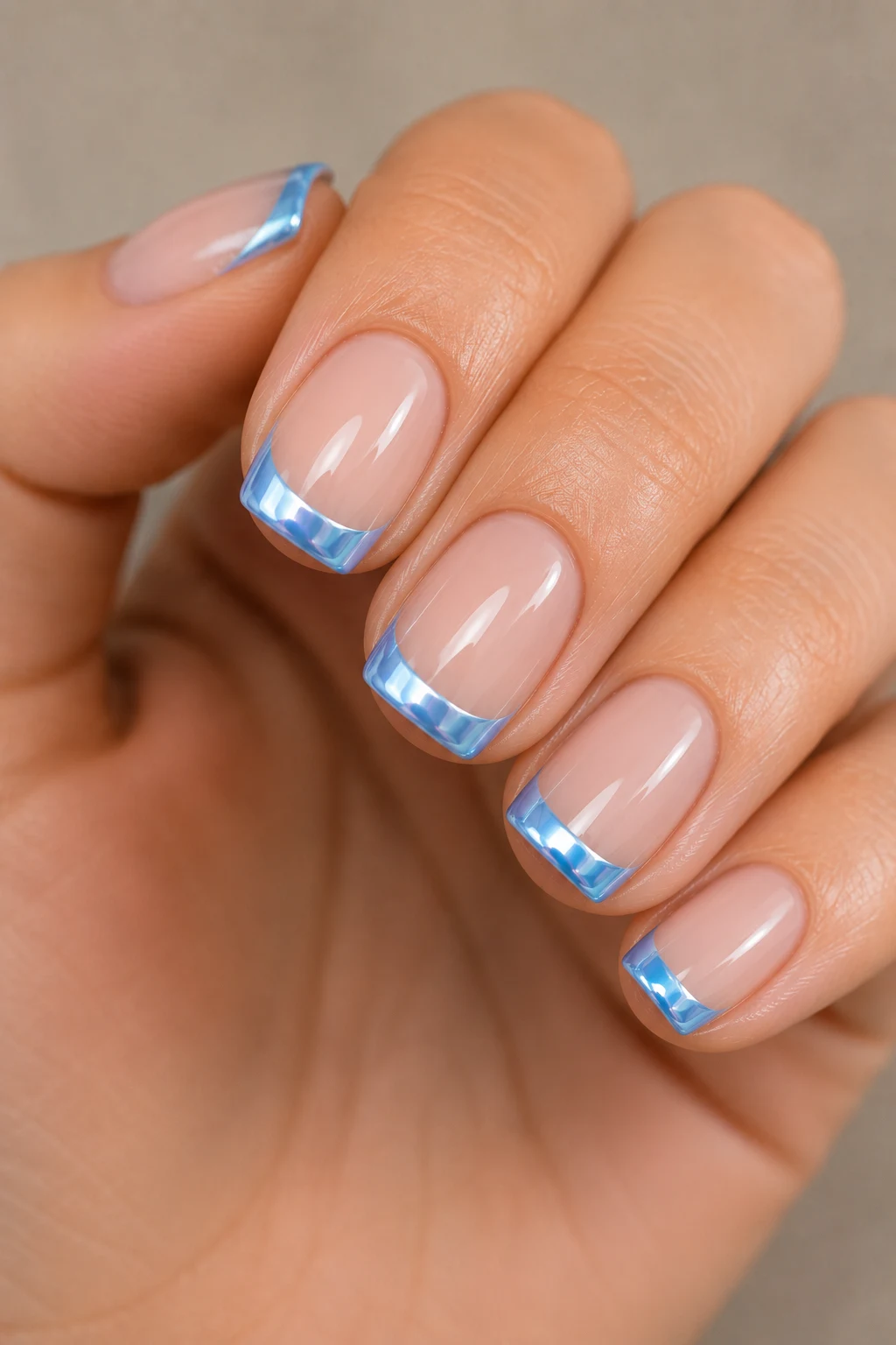 Short Baby Blue French Tip Nails with Chrome Finish — baby blue chrome nails french tip style outfit