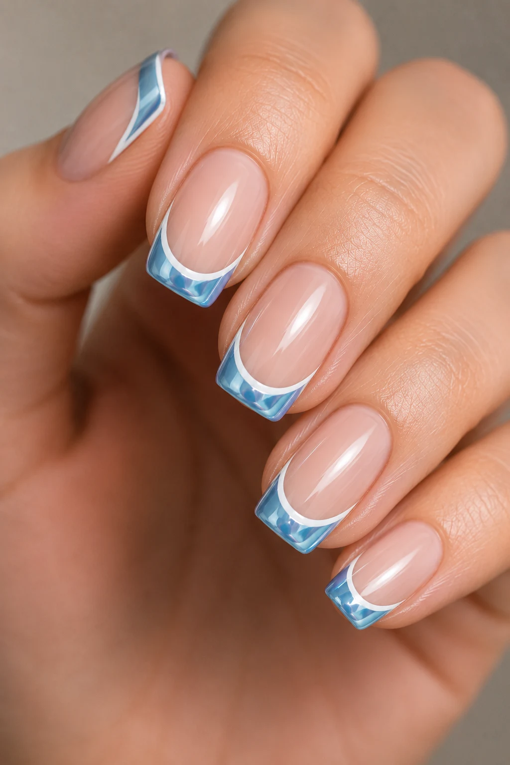 Chrome French Nail Tips with White Outline — baby blue chrome nails french tip style outfit