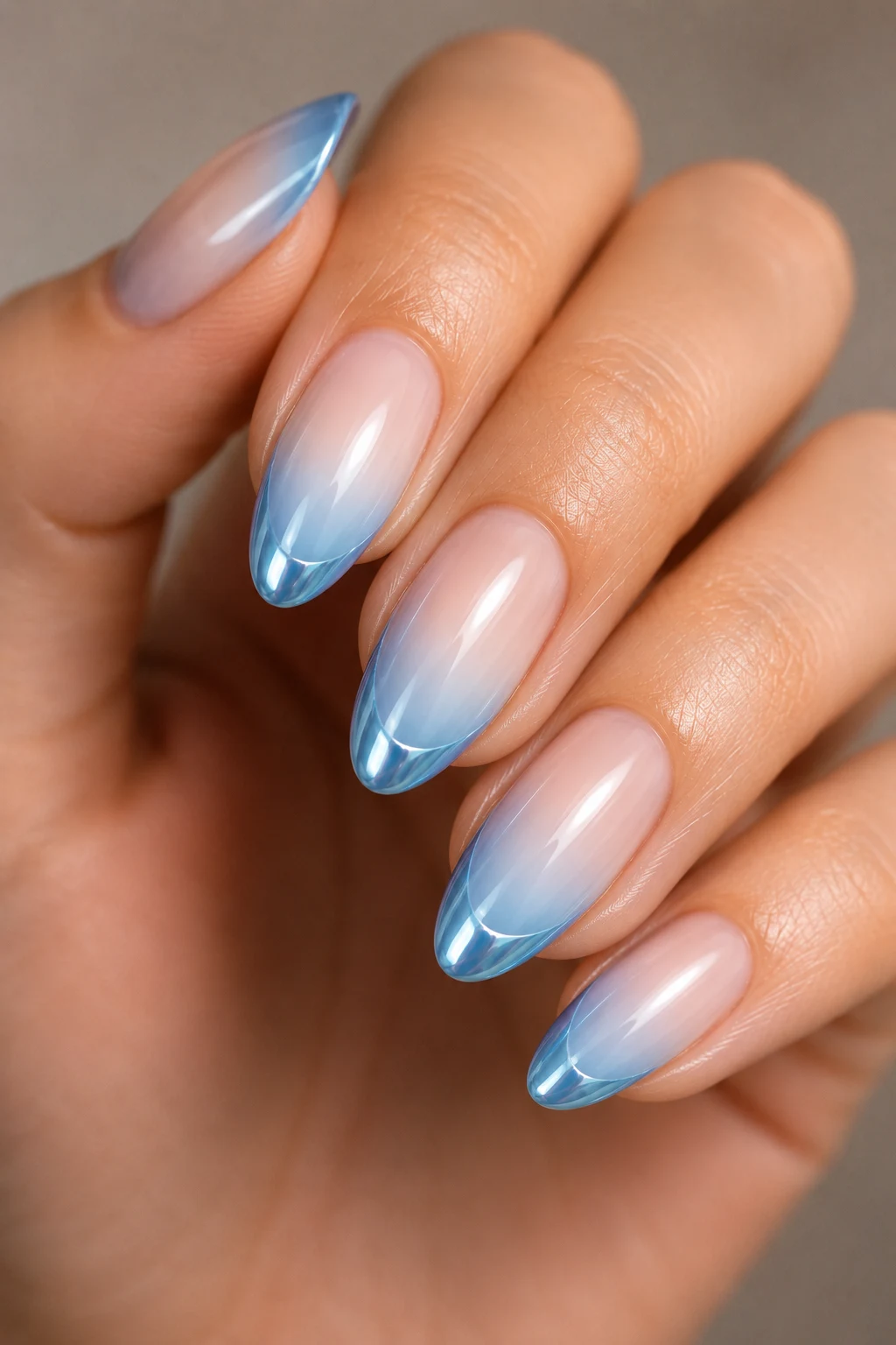 Baby Blue Chrome Nails French Tip with Ombre Base — baby blue chrome nails french tip style outfit