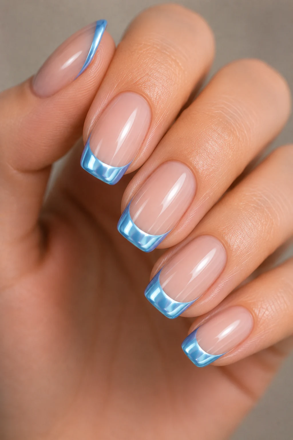 Colored French Nail Tips in Baby Blue Chrome — baby blue chrome nails french tip style outfit