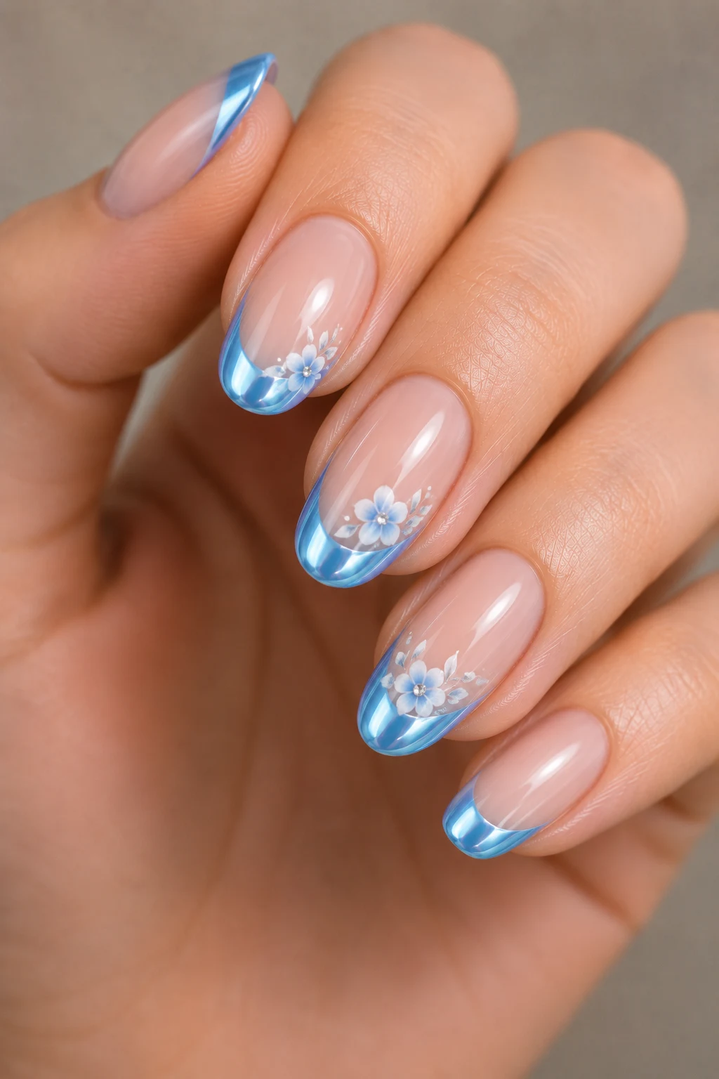 Floral Baby Blue Chrome Nails French Tip — baby blue chrome nails french tip style outfit