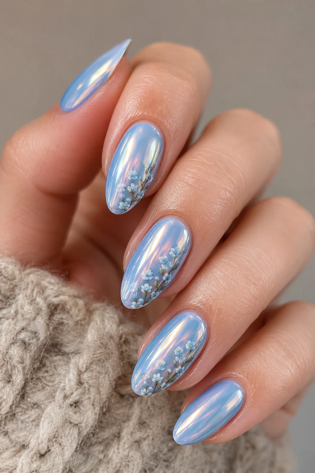Baby Blue Chrome Nails with Tiny Floral Details — Baby Blue Chrome Nails style outfit