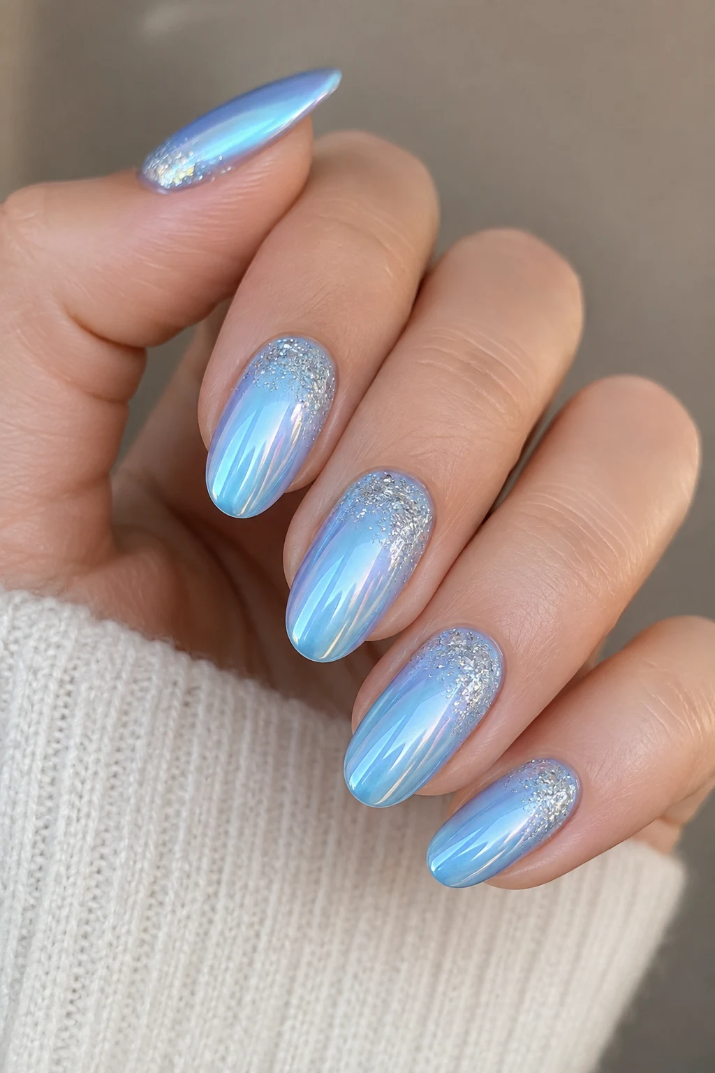 Baby Blue Chrome Nails with Glitter Accents — Baby Blue Chrome Nails style outfit
