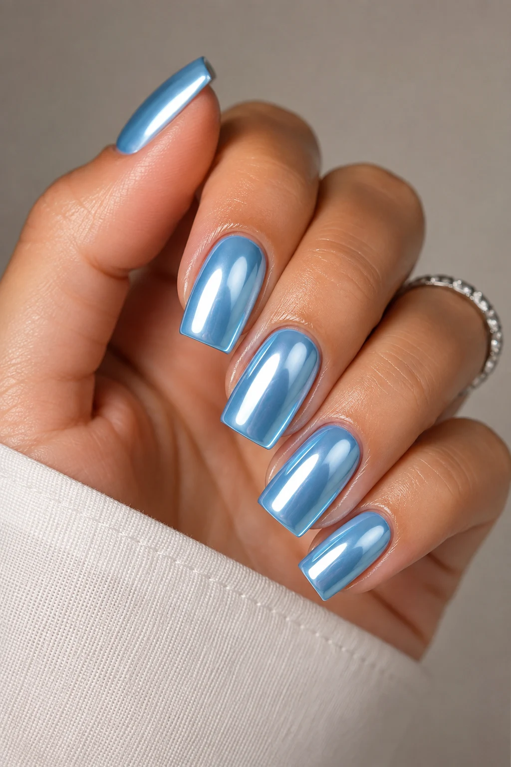 Modern Square Baby Blue Chrome Nails — Baby Blue Chrome Nails style outfit