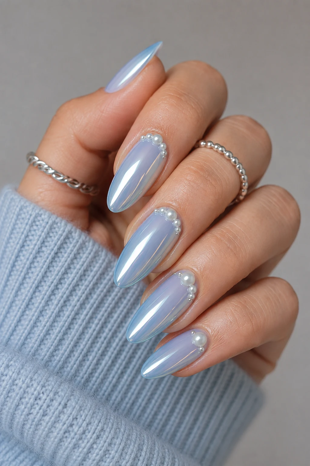 Baby Blue Chrome Nails Pinterest with Pearls — baby blue chrome nails pinterest style outfit