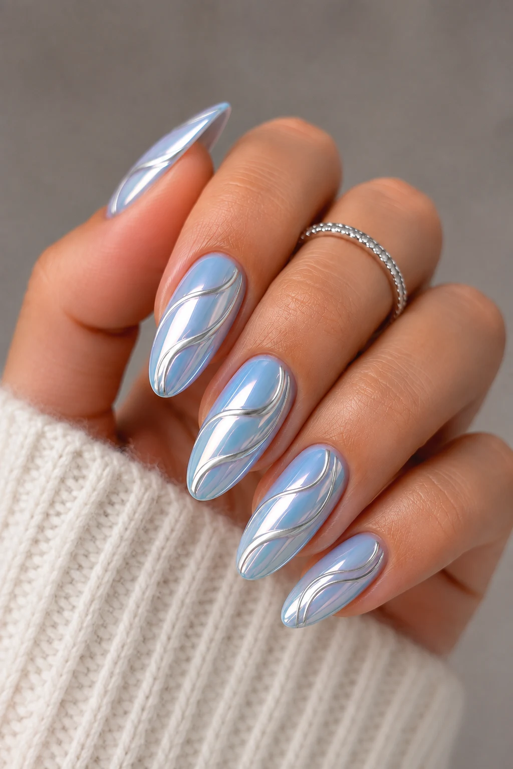 Silver Swirl Chrome Art — baby blue chrome nails pinterest style outfit