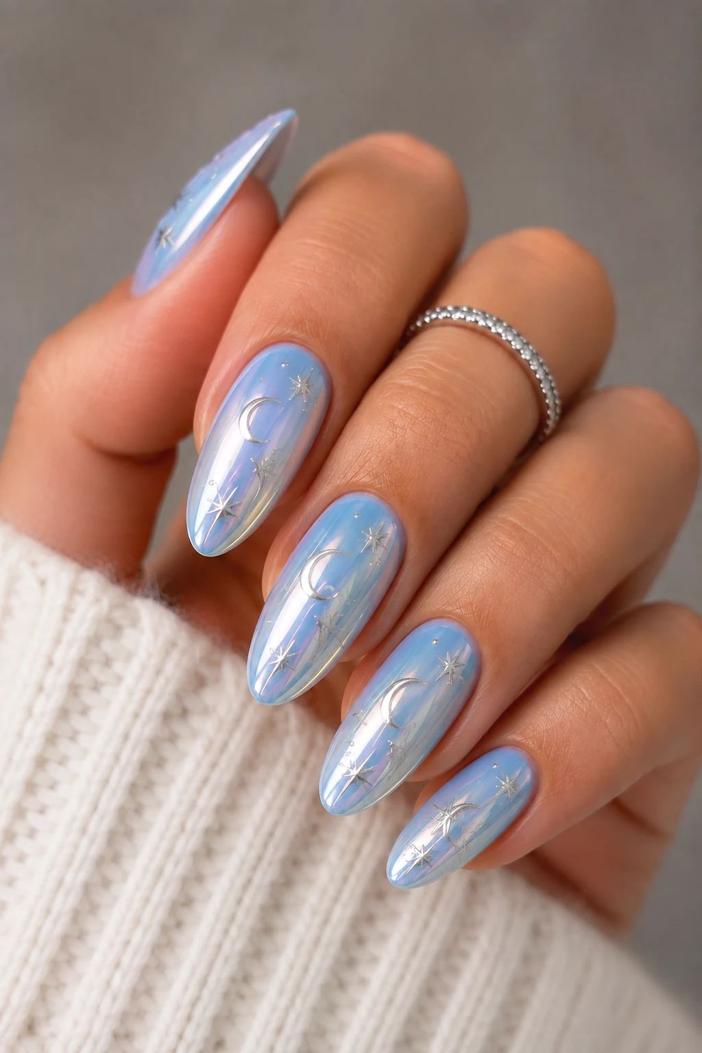 Celestial Moon & Stars — baby blue chrome nails pinterest style outfit