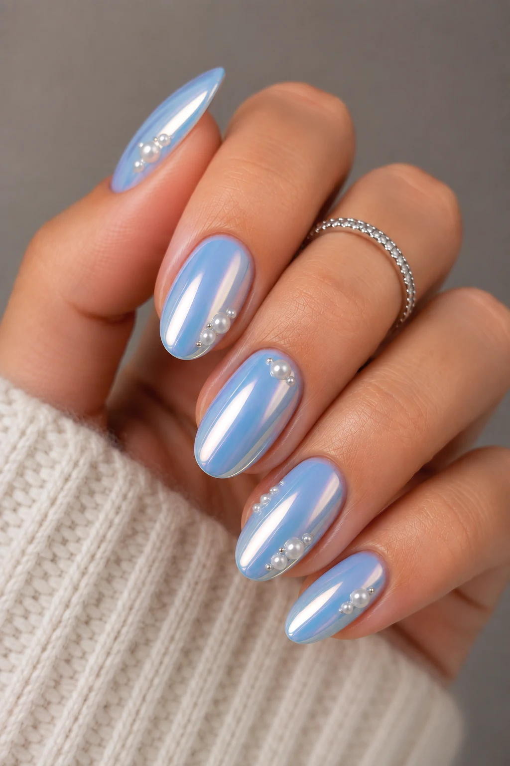 Blue Chrome with Tiny Pearl Accents — baby blue chrome nails pinterest style outfit