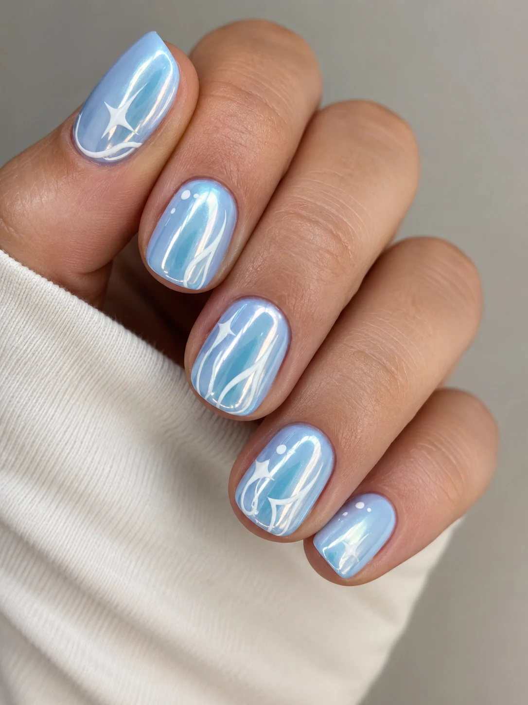 Baby Blue Chrome With White Details — baby blue chrome nails short style outfit