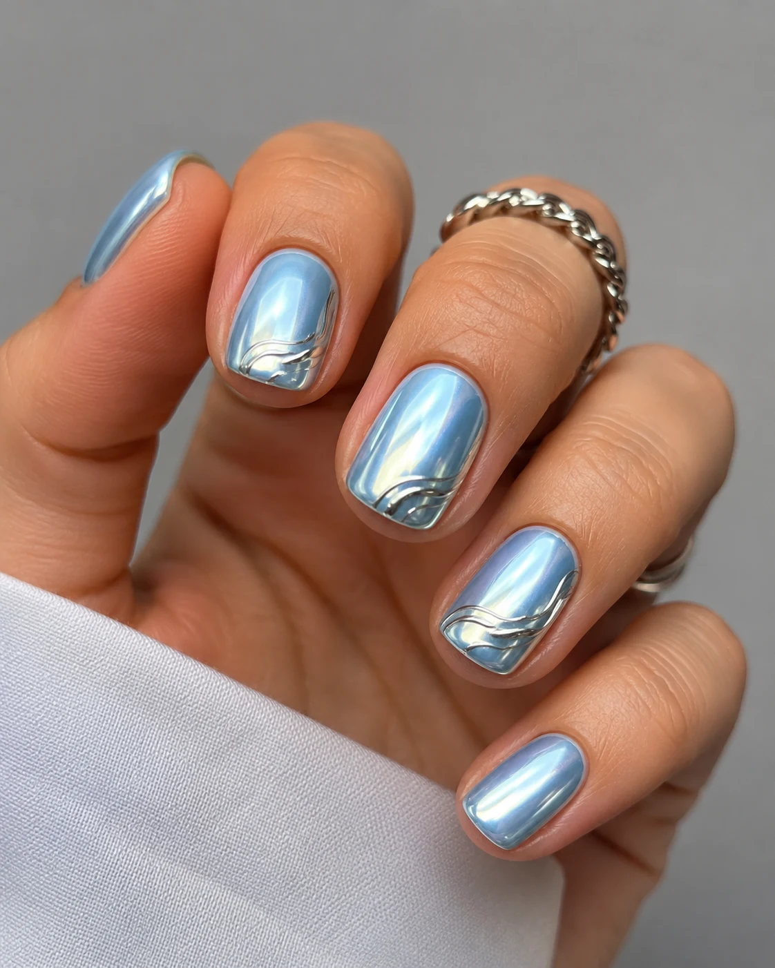 Baby Blue Chrome With Silver Accents — baby blue chrome nails short style outfit