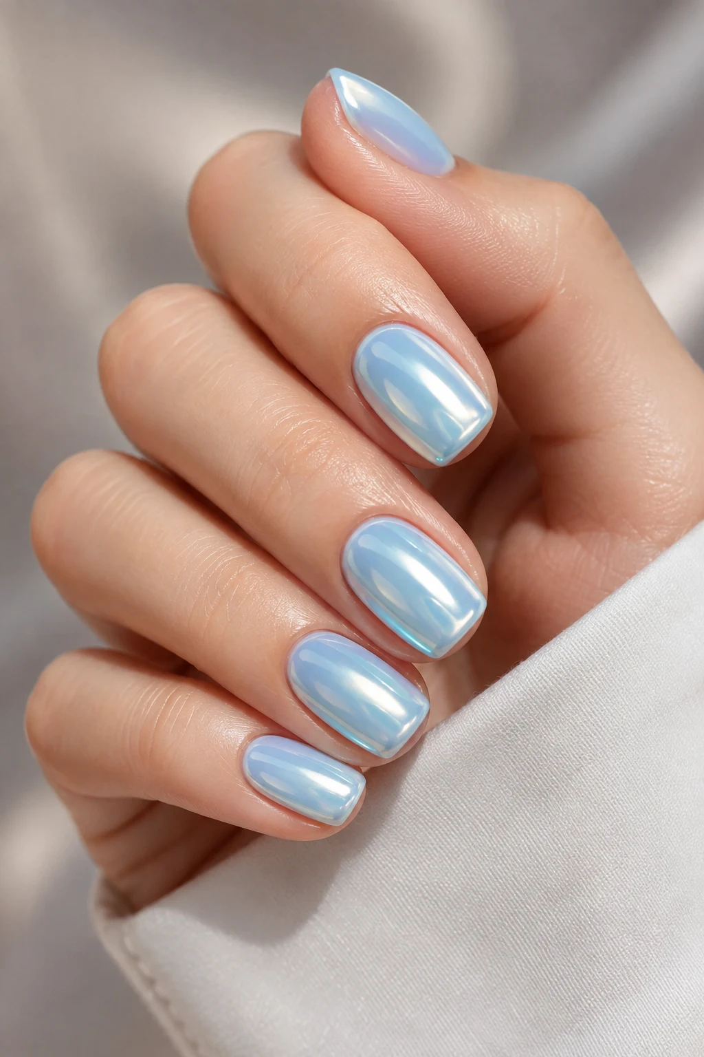 Soft Baby Blue Chrome for Spring — baby blue chrome nails short style outfit