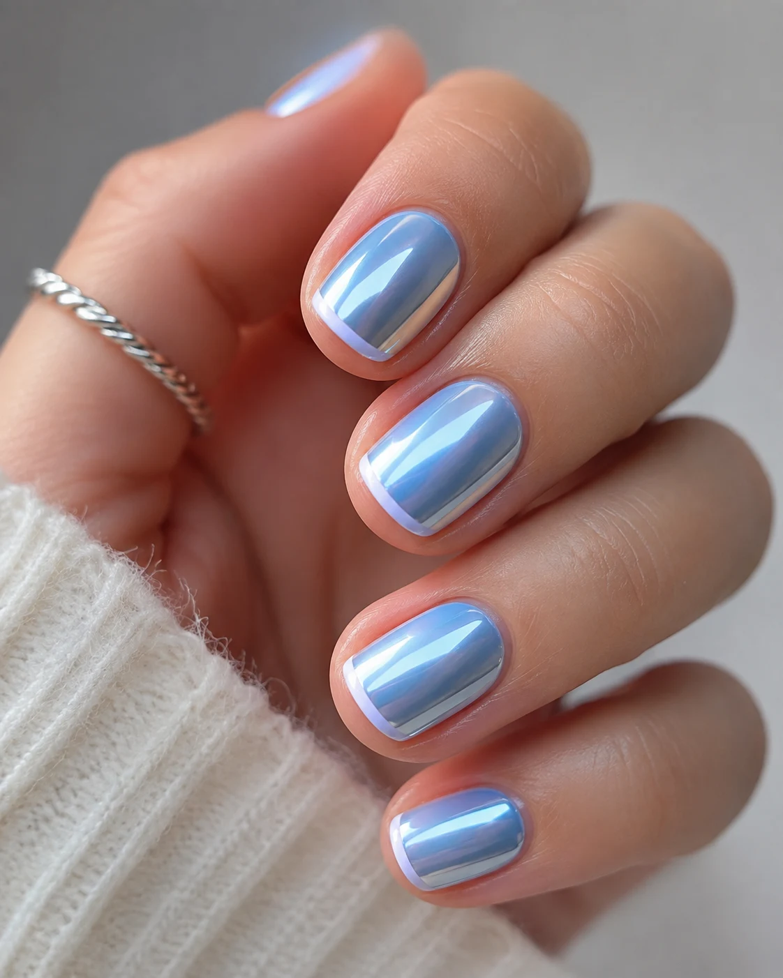 Baby Blue Chrome With Micro-French Lines — baby blue chrome nails short style outfit