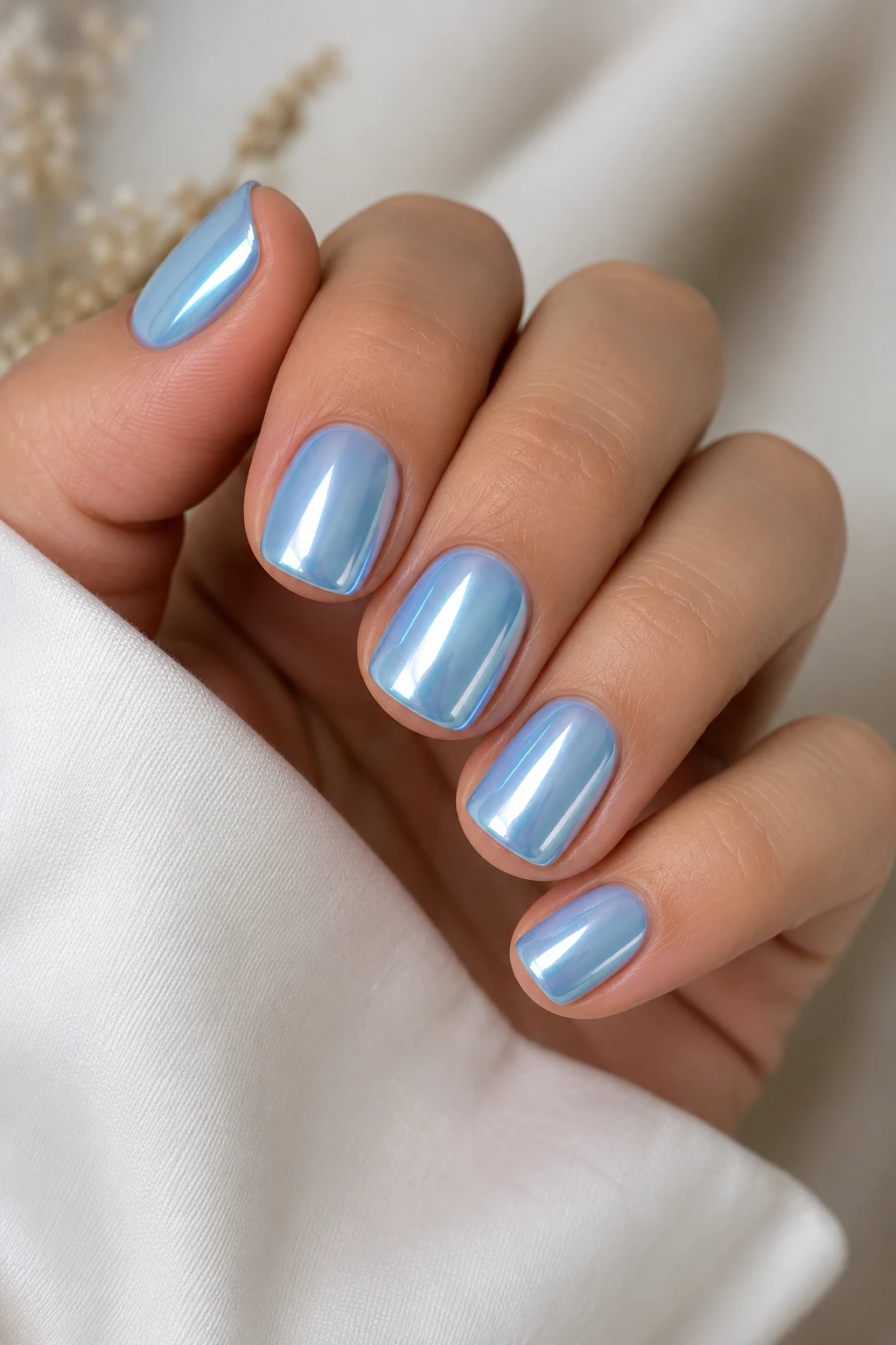 Glossy Baby Blue Chrome Nails Short — baby blue chrome nails short style outfit