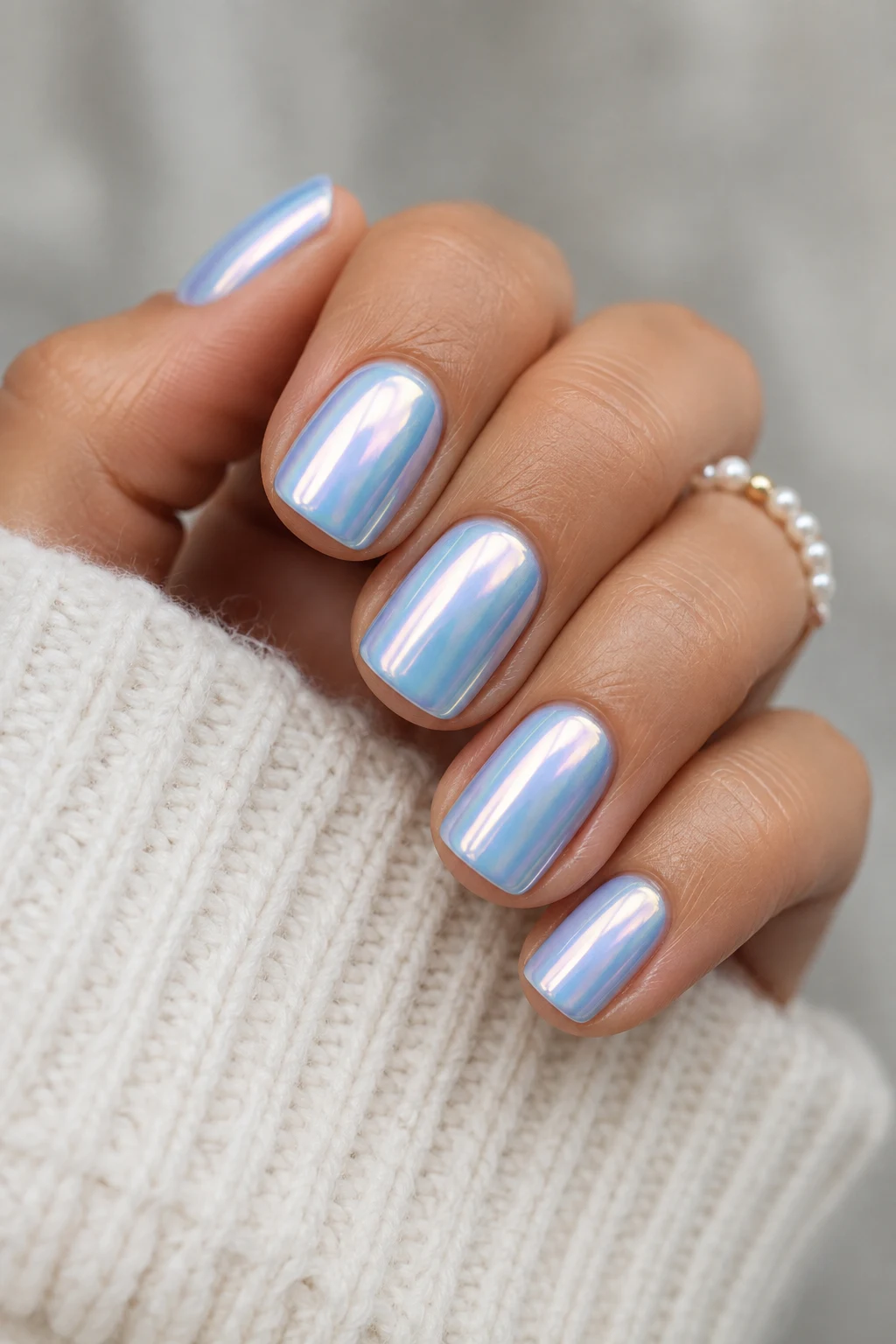 Light Blue Chrome Nails Short — baby blue chrome nails short style outfit