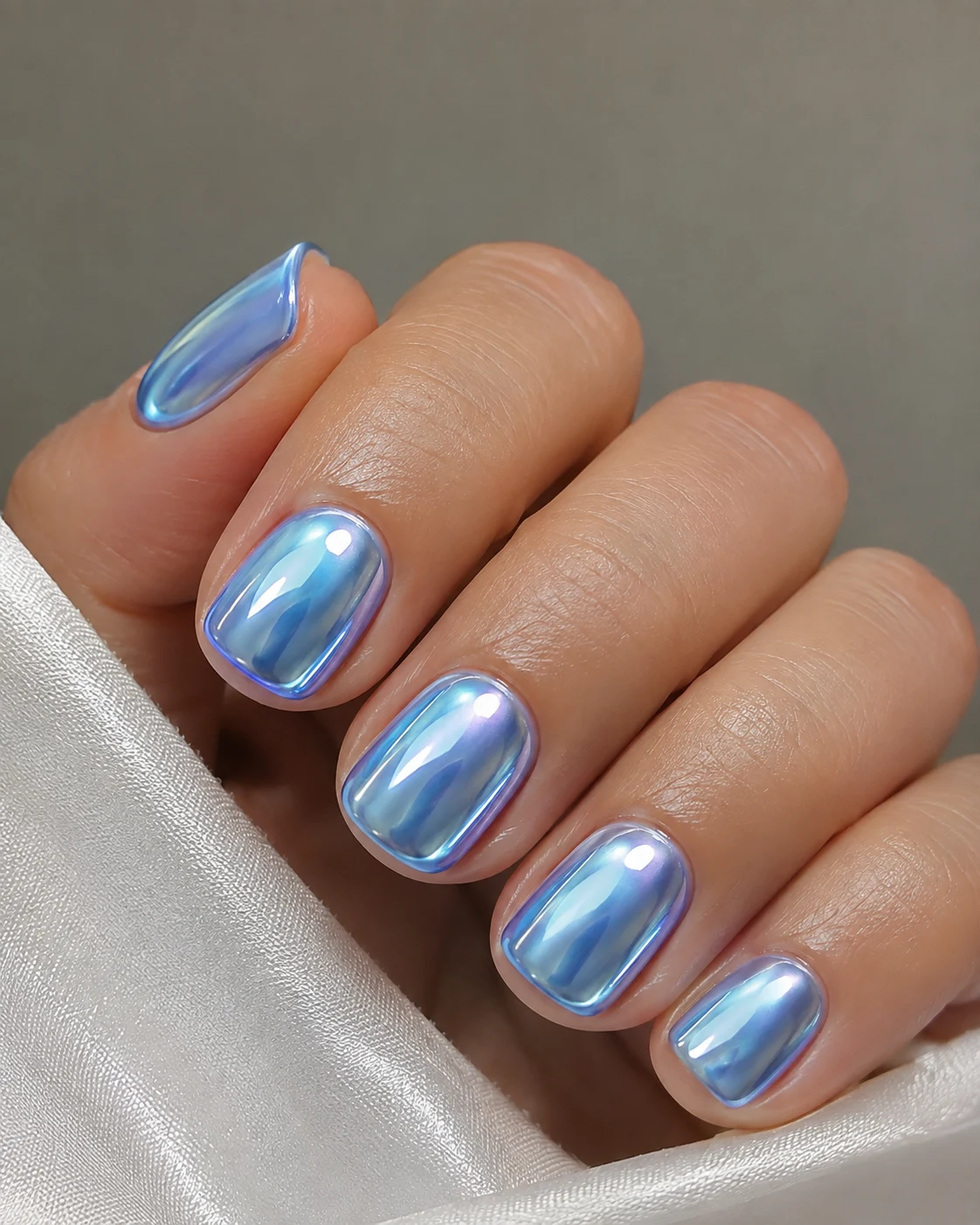 Classic Glazed Baby Blue Chrome Nails Short — baby blue chrome nails short style outfit