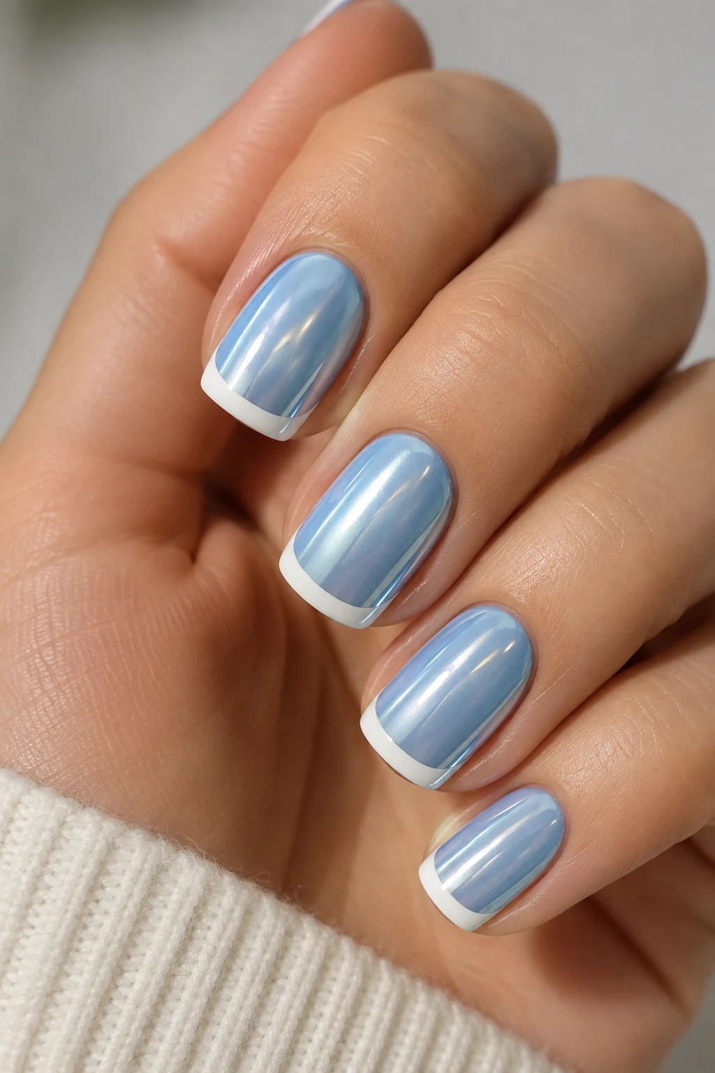 Baby Blue Chrome Nails Short with White French Tips — baby blue chrome nails short style outfit