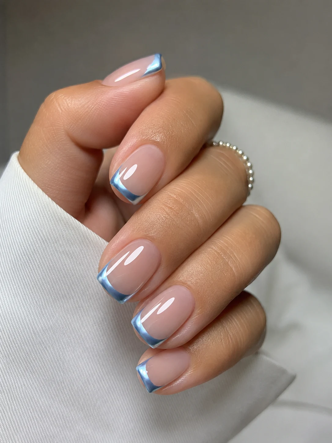 Baby Blue Chrome French Tips — baby blue chrome nails short style outfit