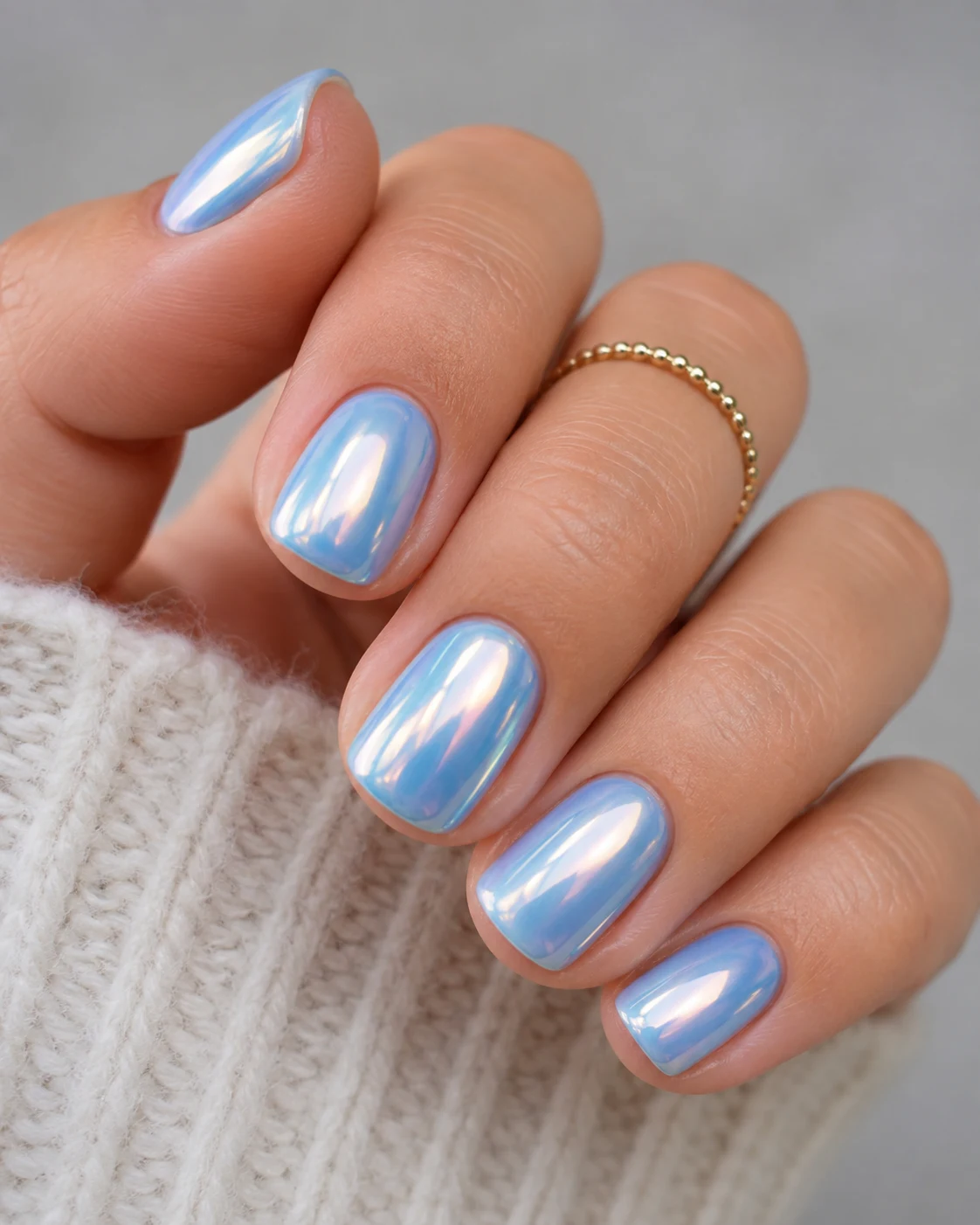 Light Blue Chrome Nails Short with Pearl Glow — baby blue chrome nails short style outfit