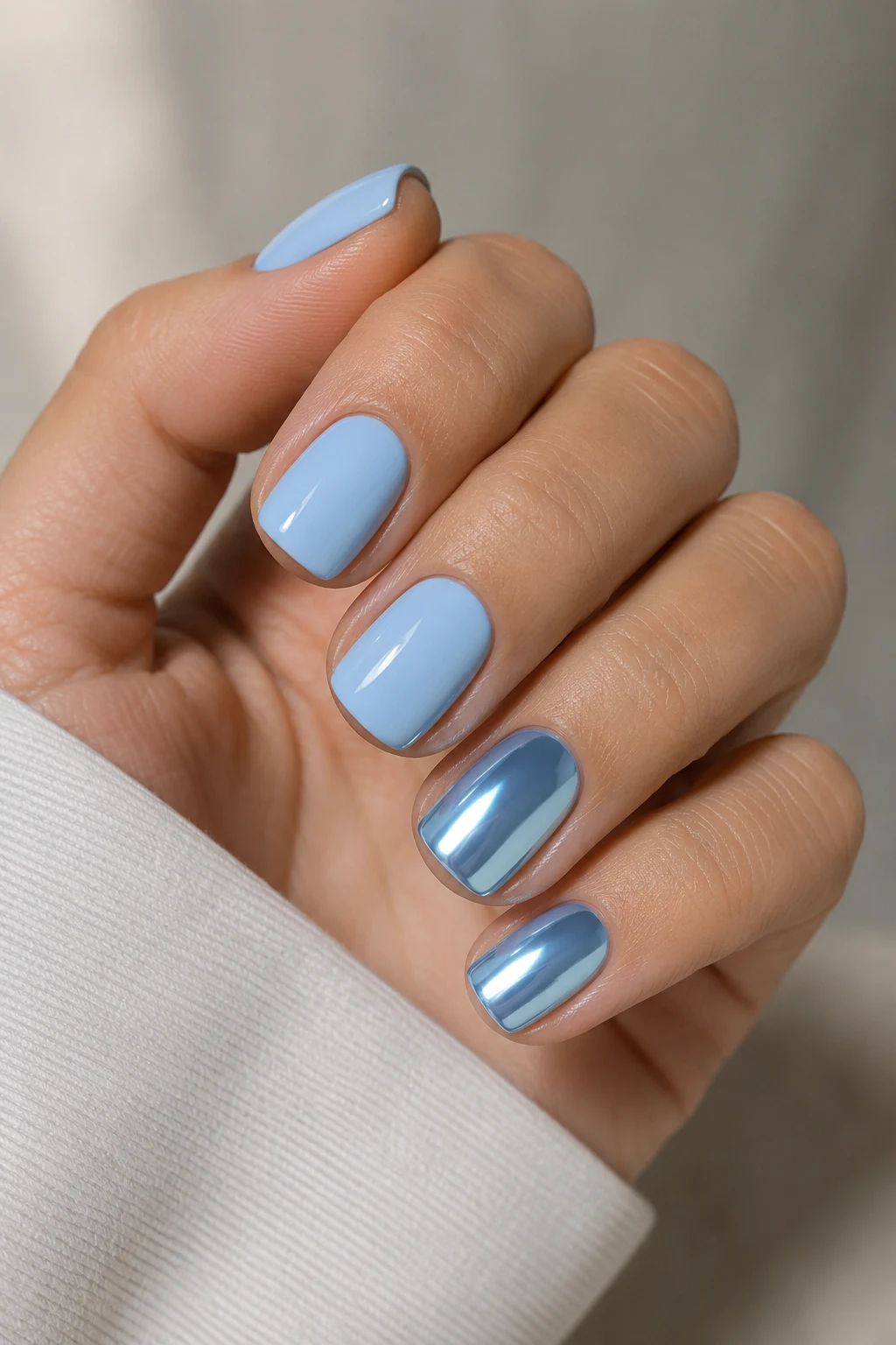 Minimalist Blue Nails with Chrome Accent Fingers — baby blue chrome nails short style outfit