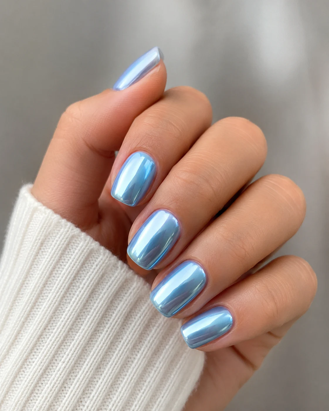 Icy Blue Chrome Squoval Nails — baby blue chrome nails short style outfit