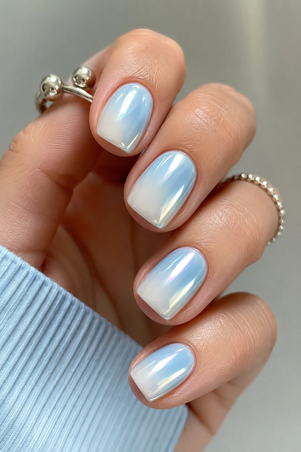 Baby Blue Chrome Nails Short with Milky Ombre — baby blue chrome nails short style outfit