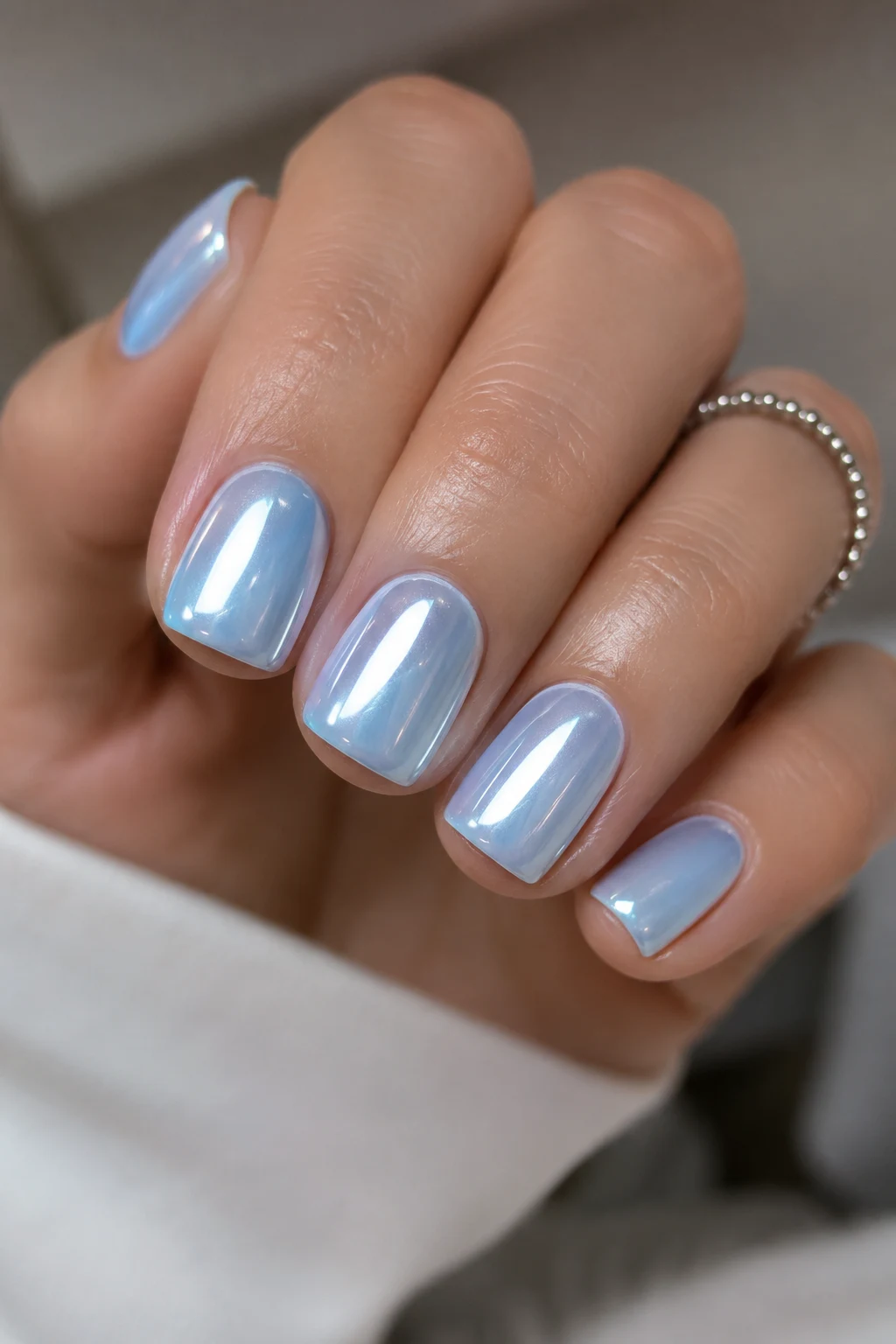 Glossy Square Baby Blue Chrome Nails Short — baby blue chrome nails short style outfit