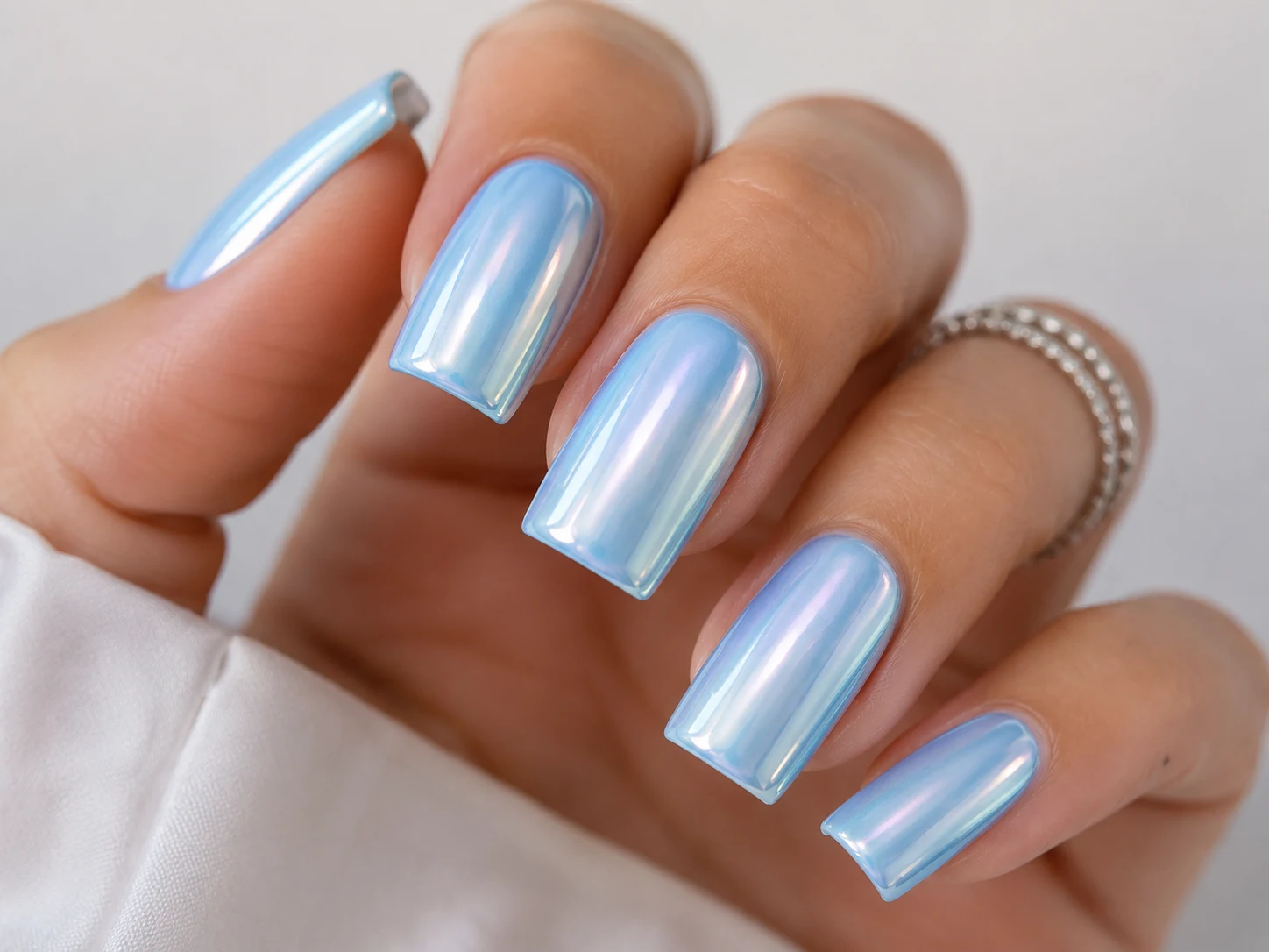 Light Blue Chrome Nails Square with Pearl Glow — baby blue chrome nails square style outfit