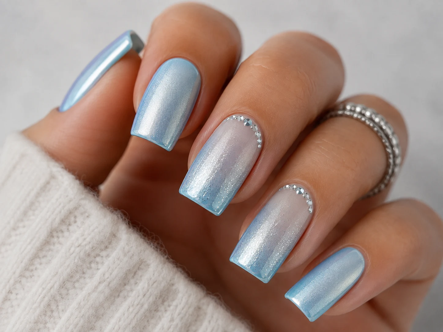Frosted Baby Blue Square Nails — baby blue chrome nails square style outfit