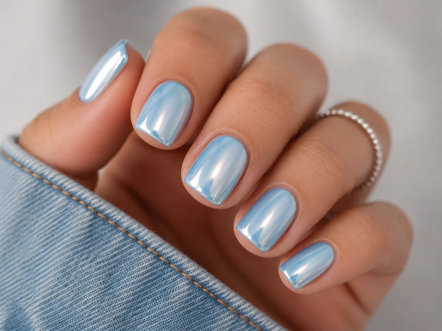 Short Baby Blue Chrome Nails Square for Everyday — baby blue chrome nails square style outfit