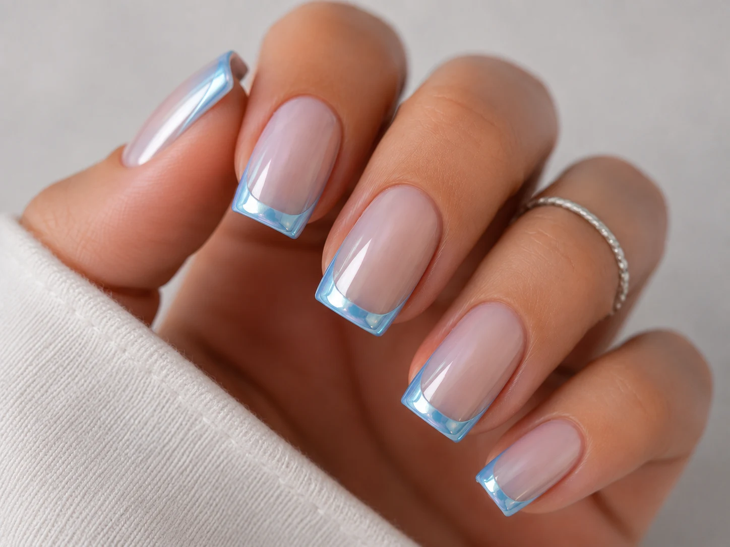 Blue Chrome French Square Tips — baby blue chrome nails square style outfit