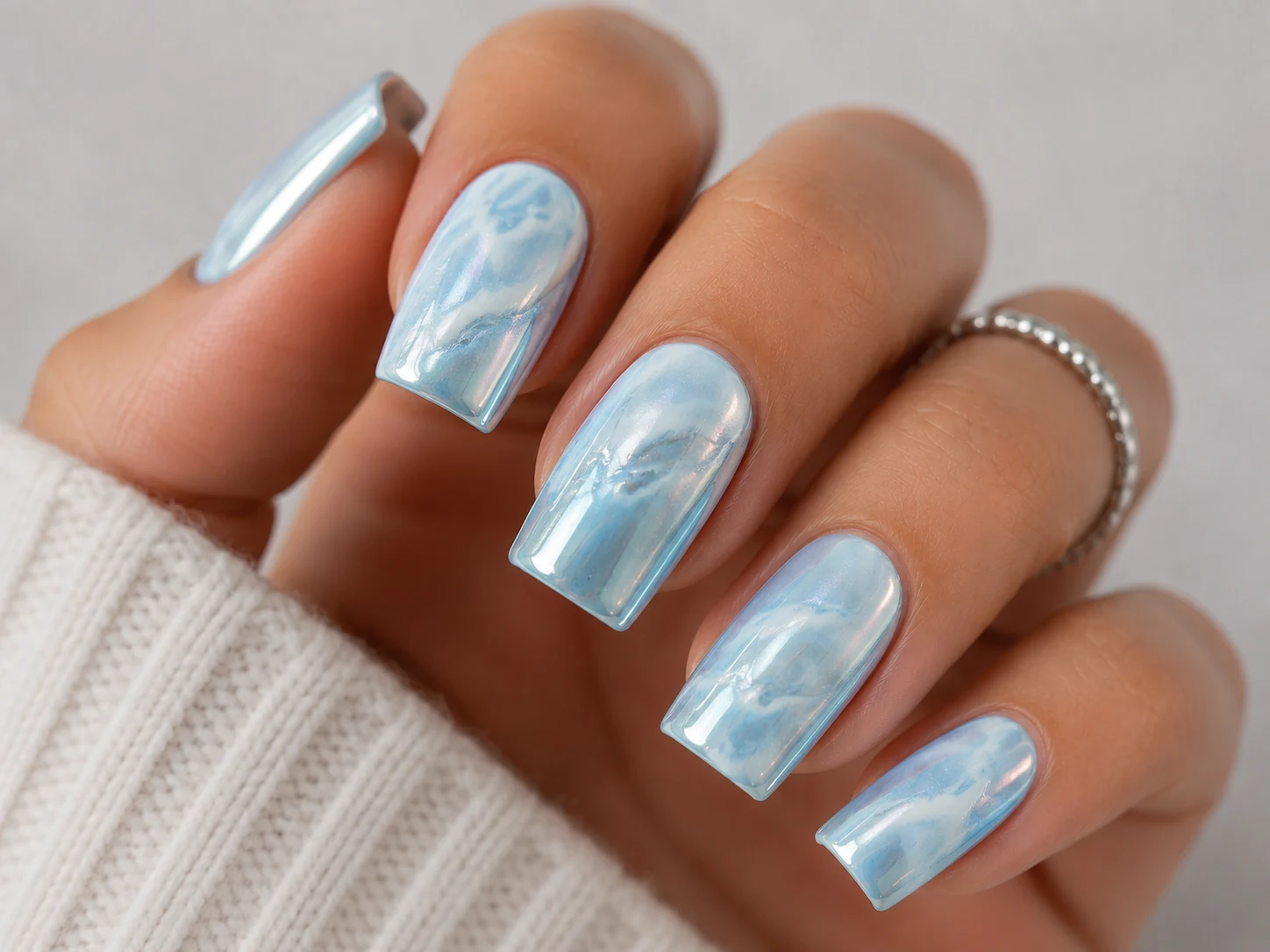 Ice Marble Baby Blue Chrome Nails Square — baby blue chrome nails square style outfit