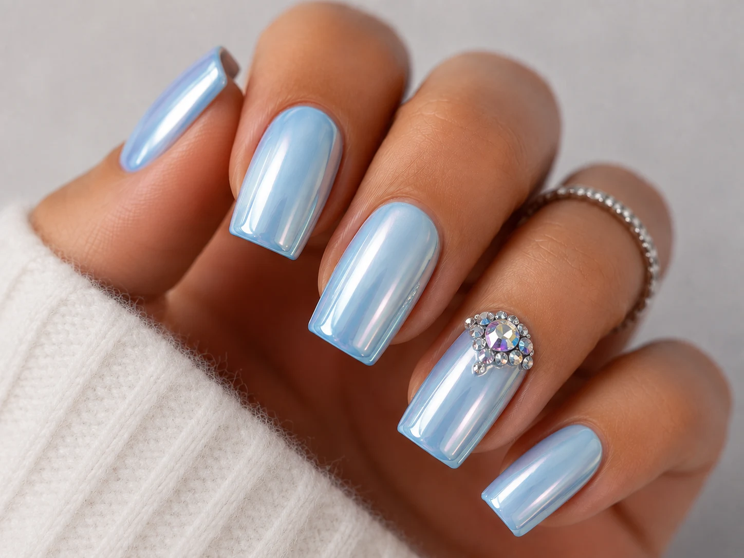 Crystal Accent Baby Blue Chrome Nails — baby blue chrome nails square style outfit