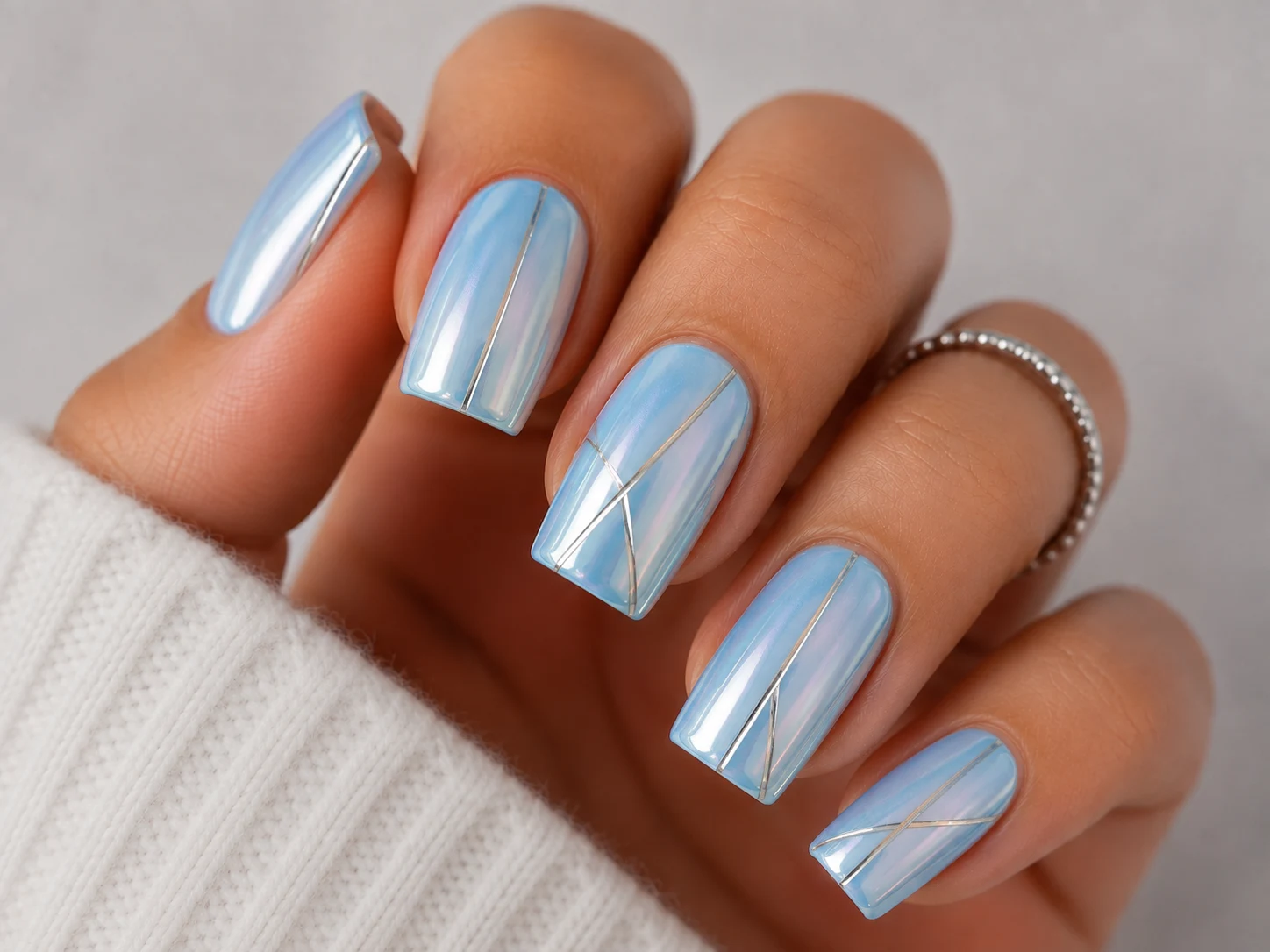Glossy Baby Blue Chrome Nails Square with Silver Lines — baby blue chrome nails square style outfit